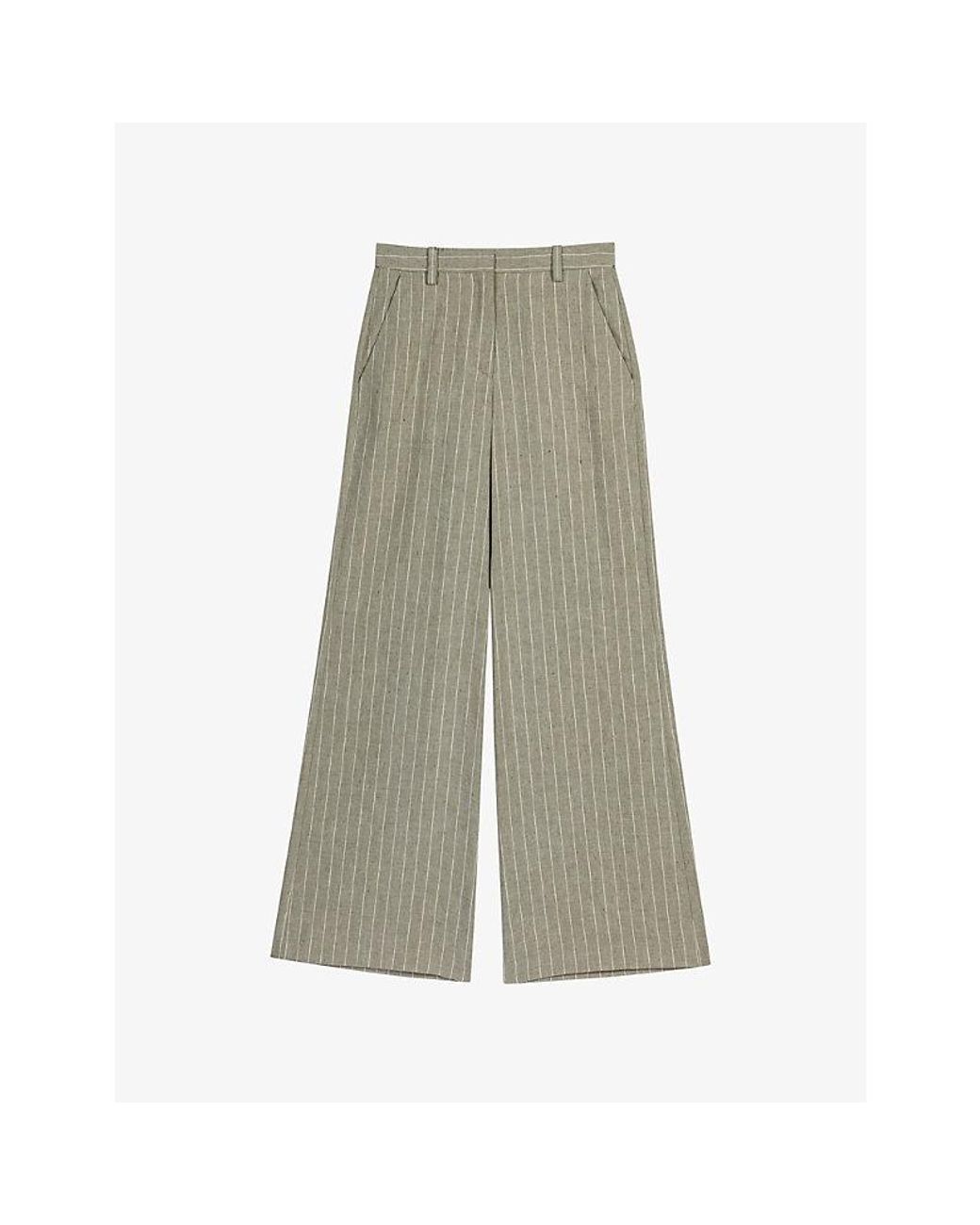 Maje Green Striped Wide-Leg Cotton And Linen-Blend Trousers