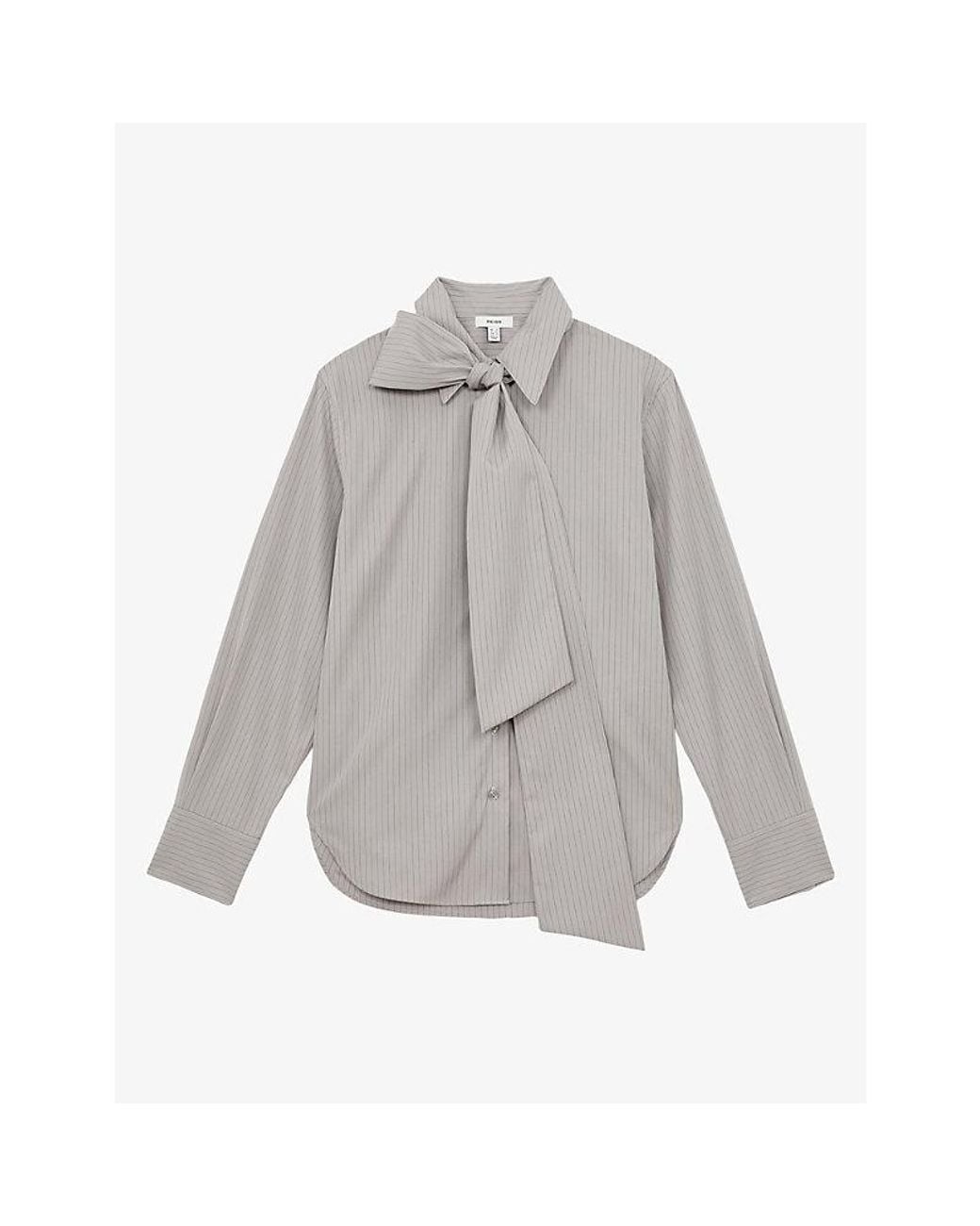 Reiss Gray Elowen Striped Tie-Neck Cotton Shirt