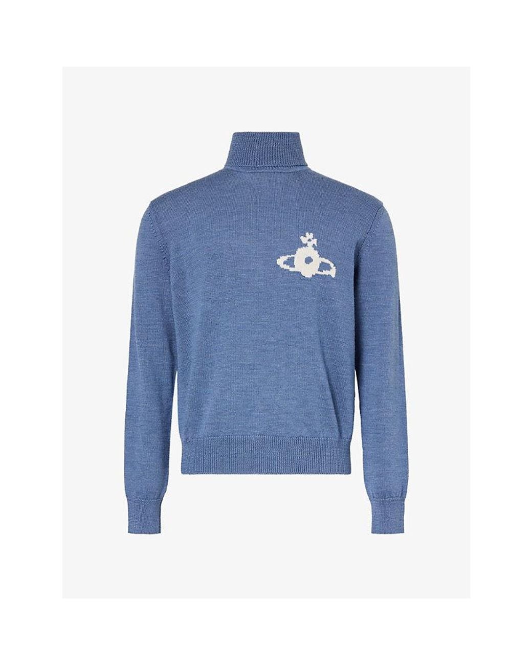 Vivienne Westwood Blue Intarsia-Logo Turtle-Neck Wool Jumper for men