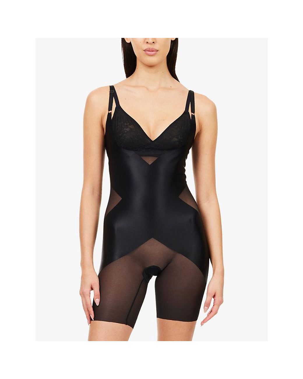 Spanx Black Shape Satin-X Open-Bust Mid-Thigh Bodysuit