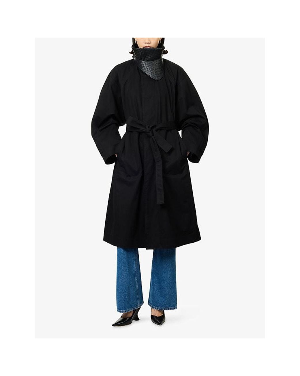 Bottega Veneta Black Intrecciato-Collar Cotton Trench Coat