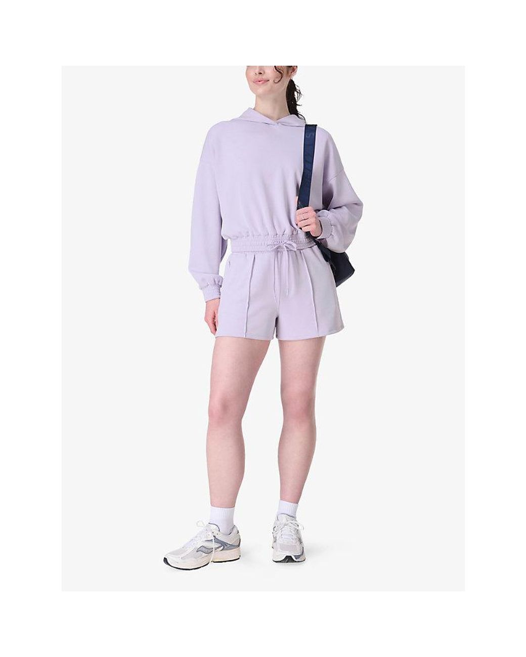 Sweaty Betty Purple Sand Wash Cloudweight Elasticated-Hem Stretch-Jersey Cropped Hoody