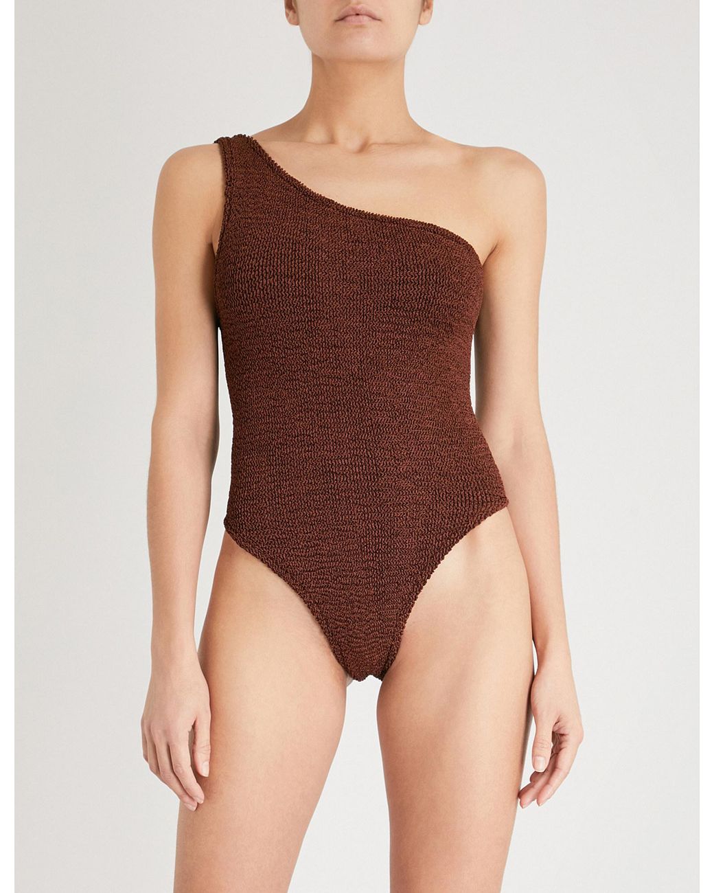 Hunza G Nancy One-shoulder Swimsuit in Brown | Lyst