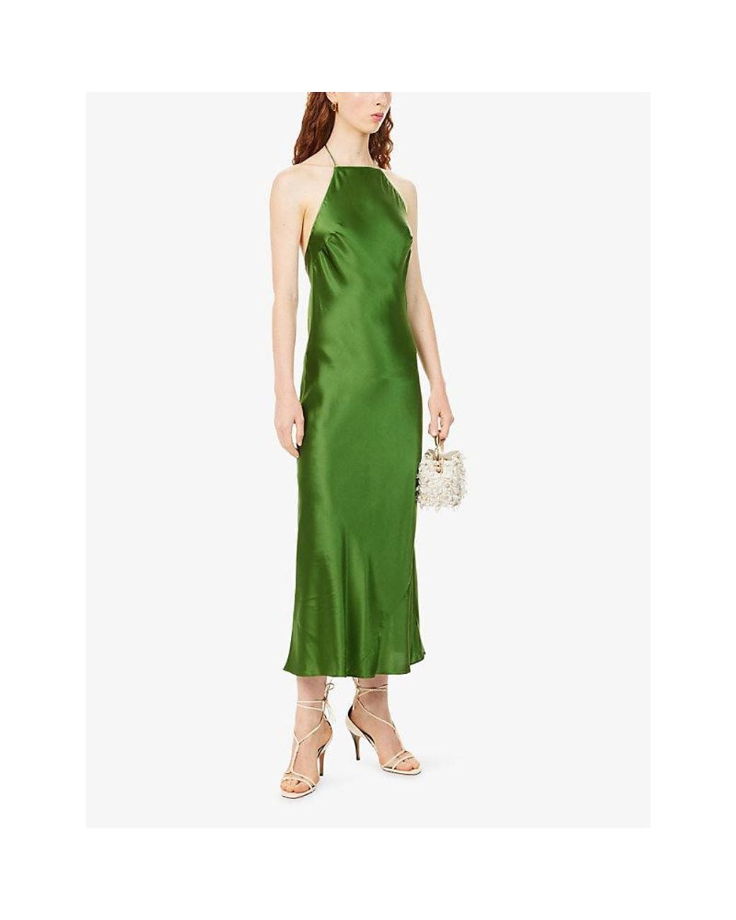 Reformation Green Maripaz Halterneck Silk-Charmeuse Midi Dress