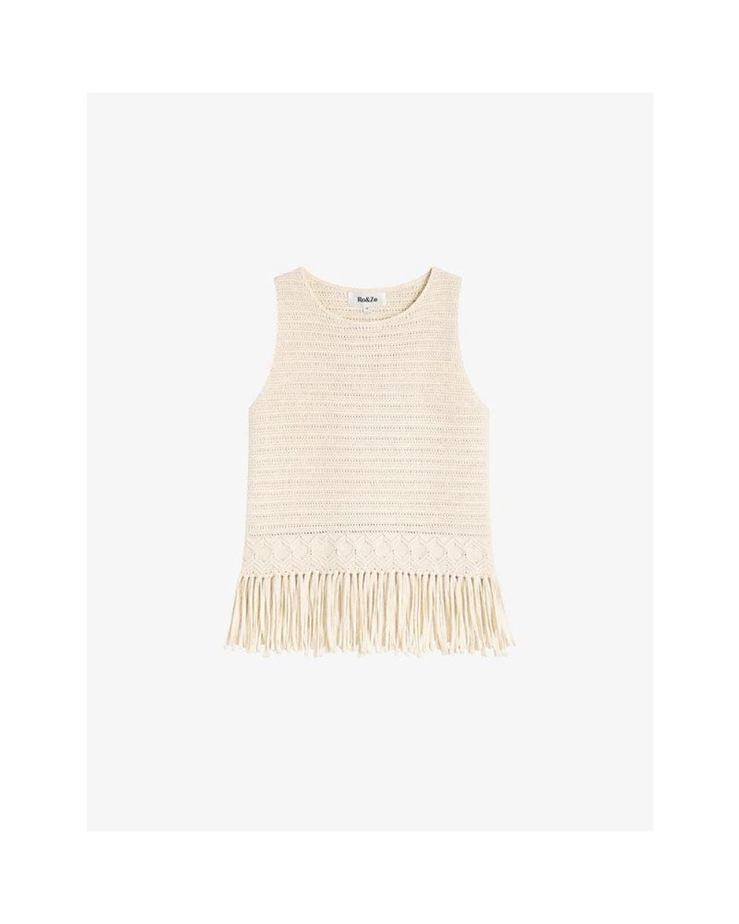 Ro&zo Natural Sleeveless Fringed-Hem Cotton Top
