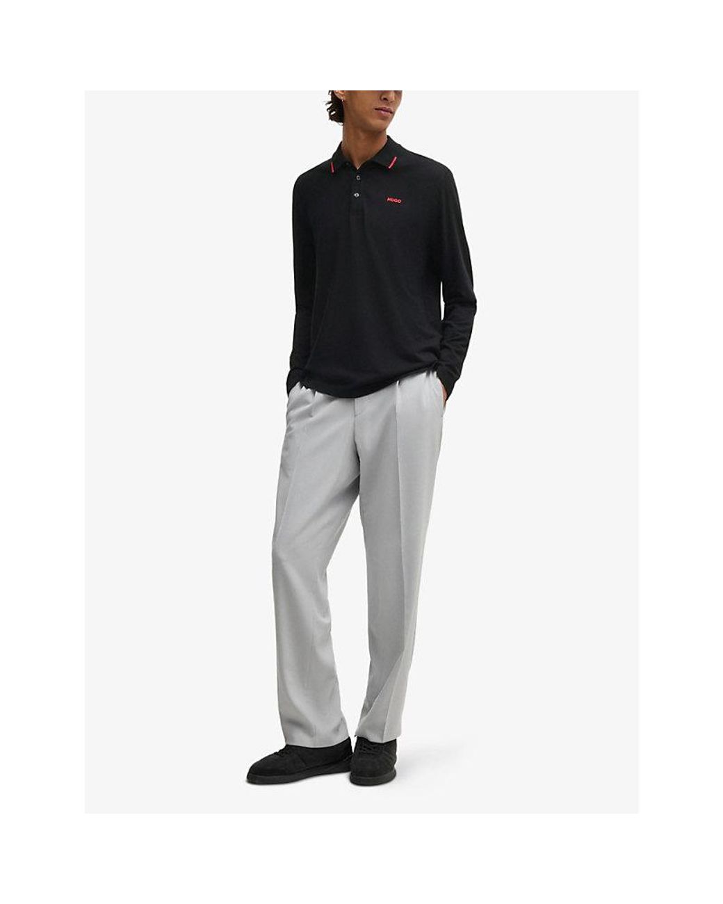 HUGO Black Branded Long-Sleeved Cotton Polo Shirt for men