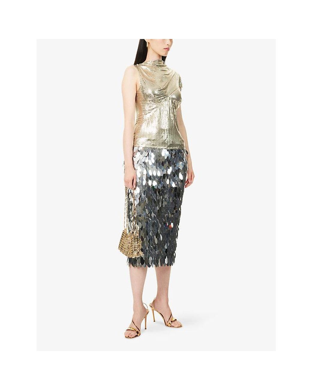 Rabanne Natural Haut Draped Chainmail Short-Sleeve Top