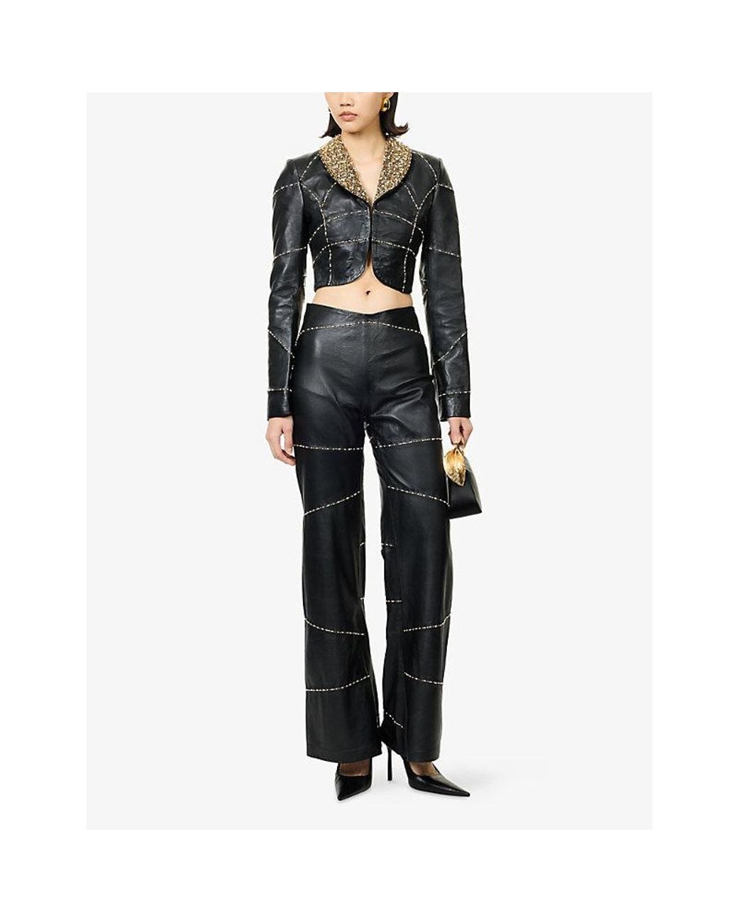 GRACE FAENA Black Pearl Beaded Flared Leather Trousers