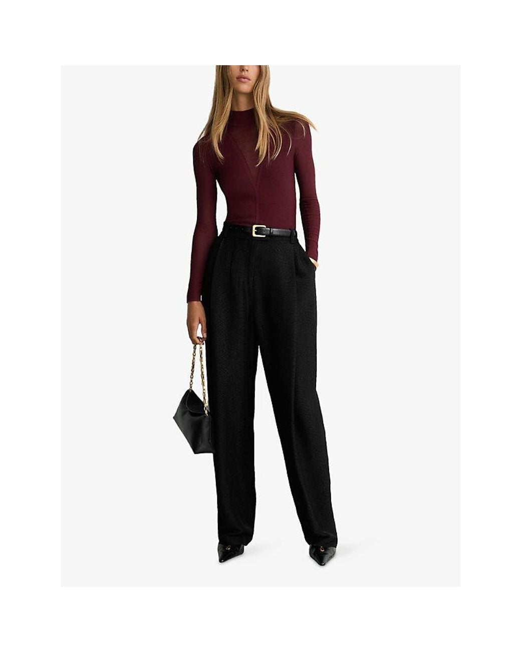 Reiss Purple Selene Sheer-Detail Long-Sleeve Knitted Top