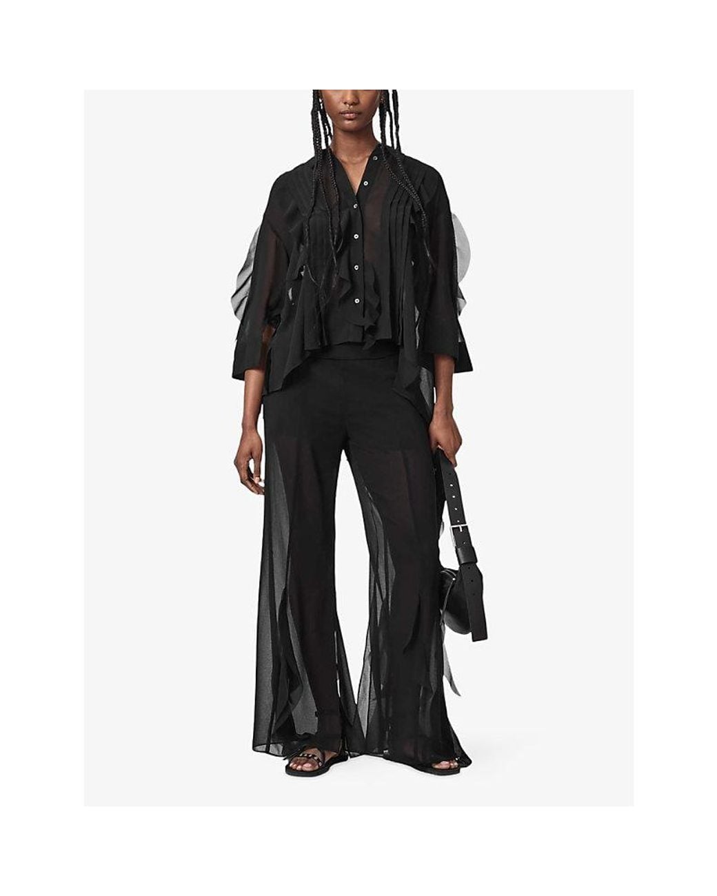 AllSaints Black Minna Pointed-Collar Woven Shirt