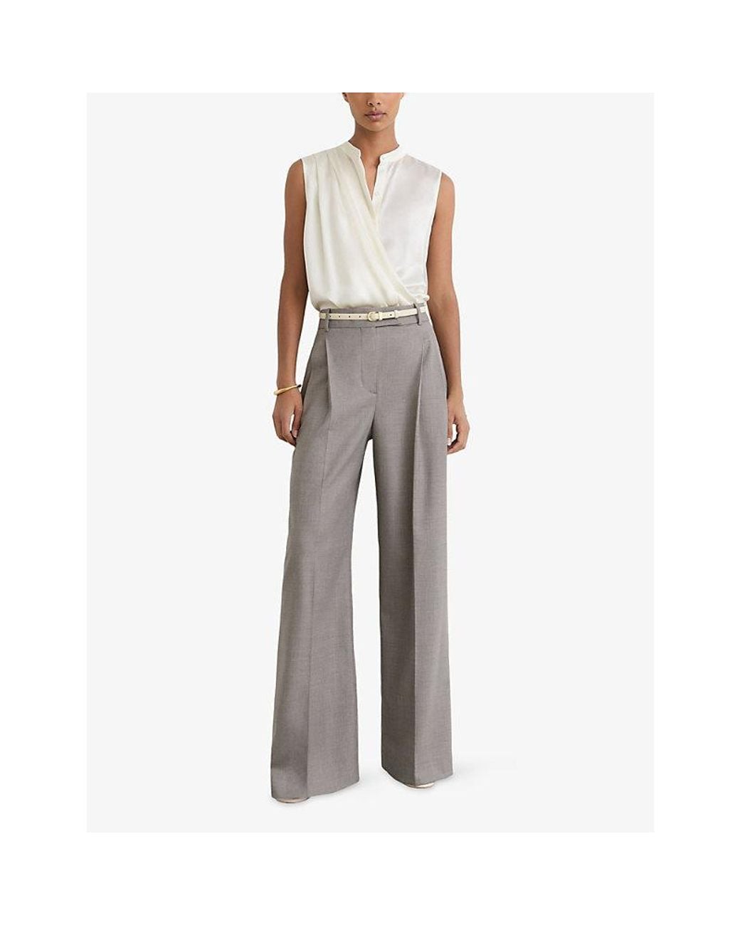 Reiss White Gia Draped-Detail Sleeveless Silk Top