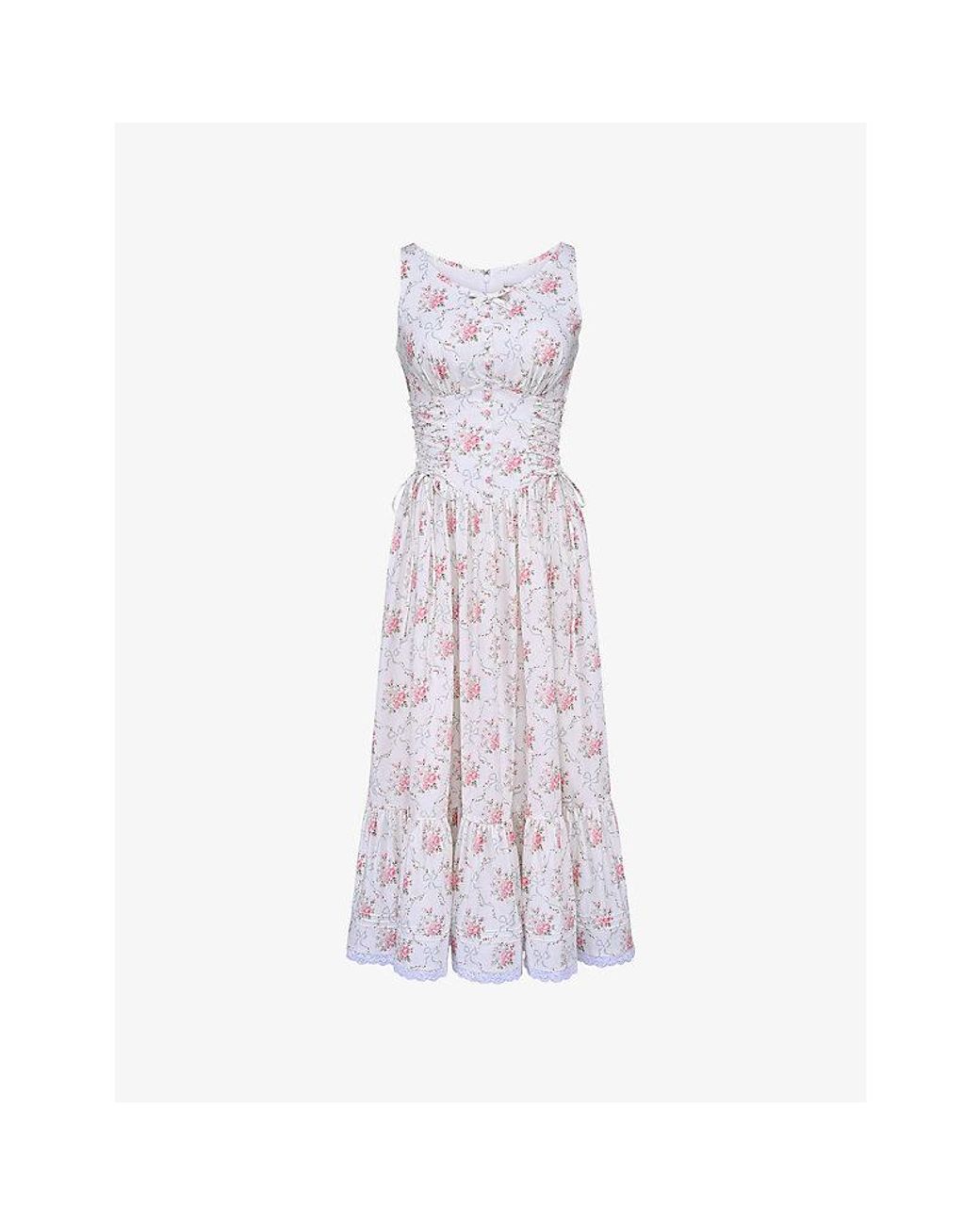 House Of Cb Purple Sienna Floral-Print Side-Tie Stretch-Cotton Midi Dress Xs (A-C Cup)