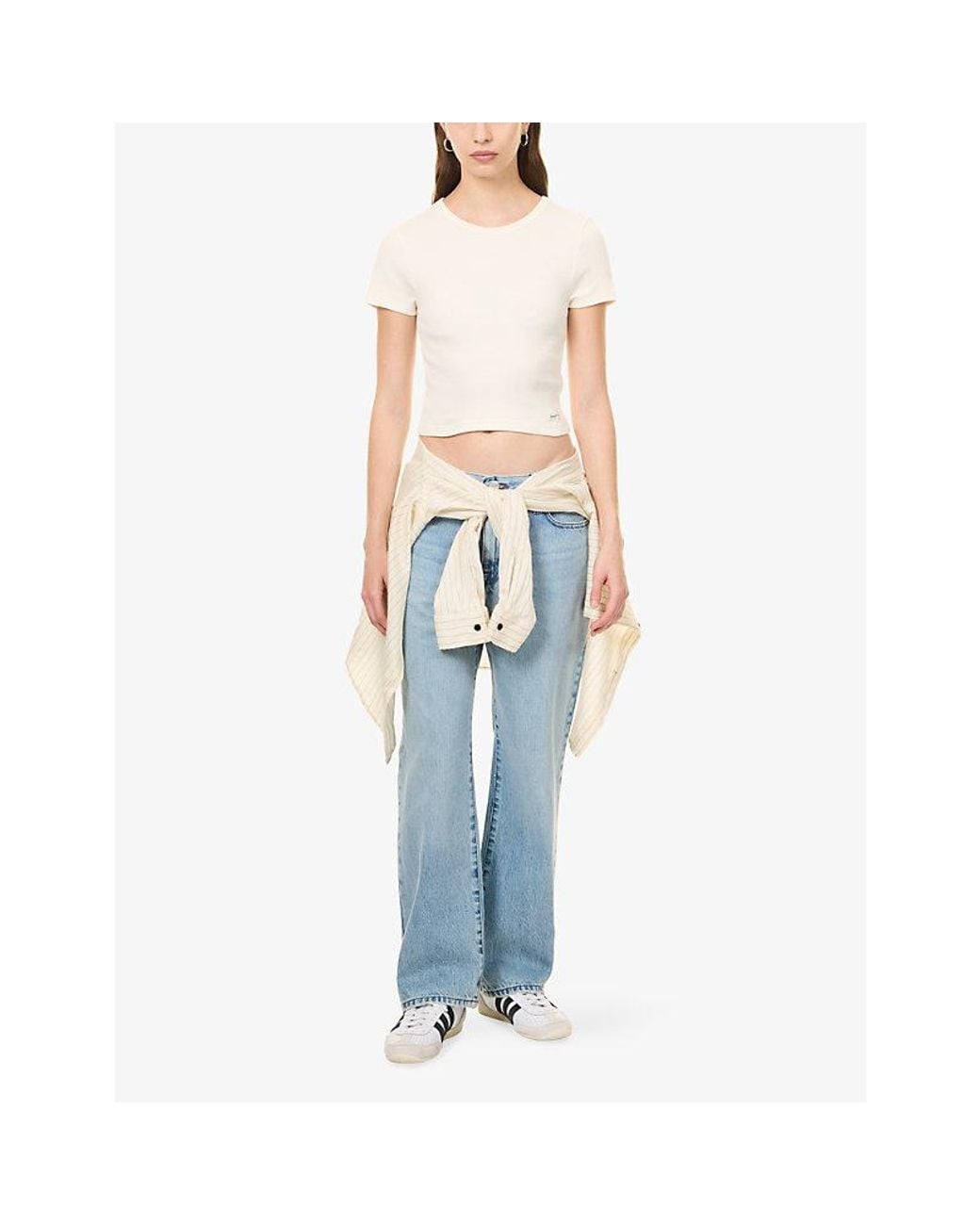 Sporty & Rich White Brand-Tab Ribbed Stretch-Cotton T-Shirt