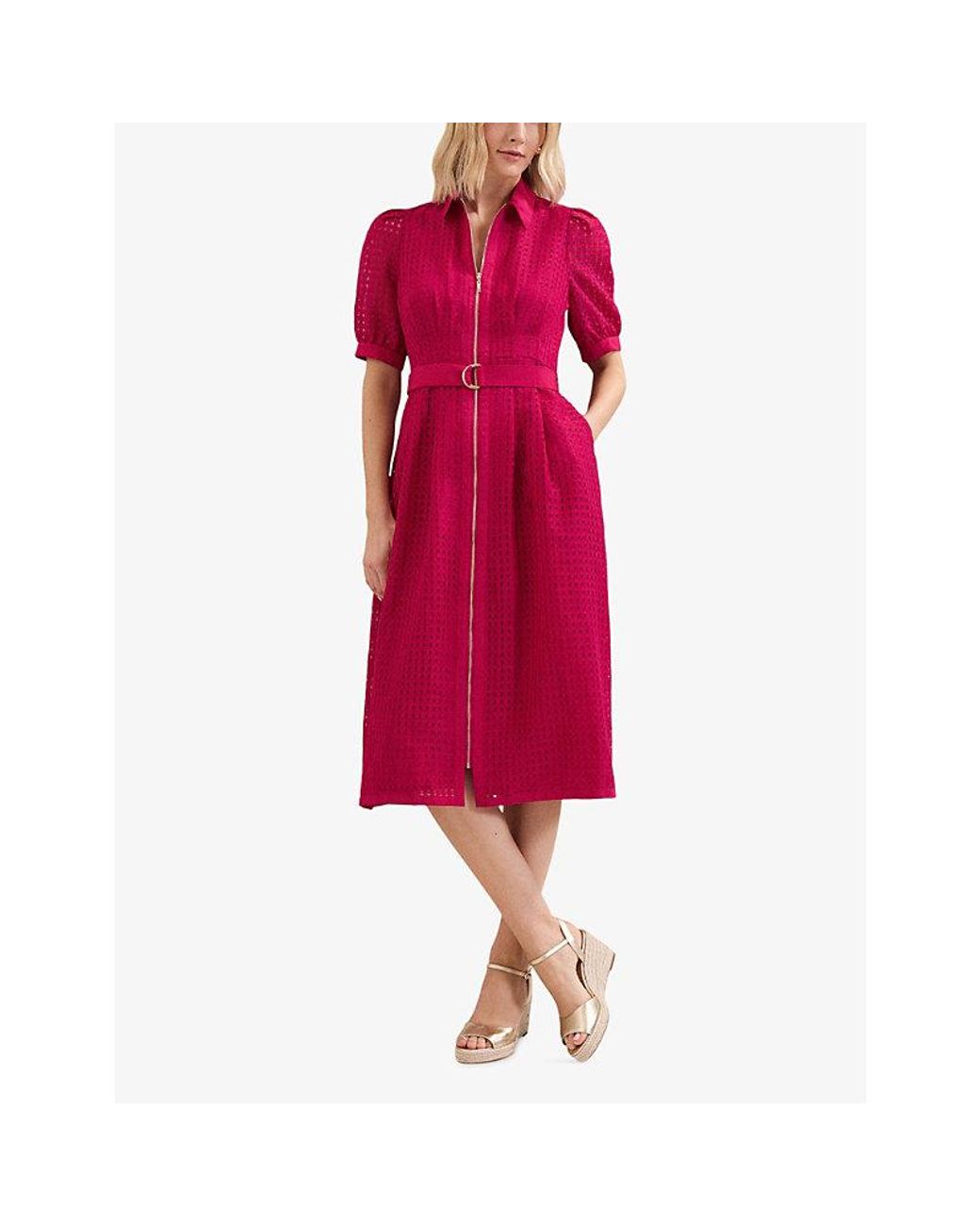 Phase Eight Red Carey Puff-Sleeved Woven Midi Dress