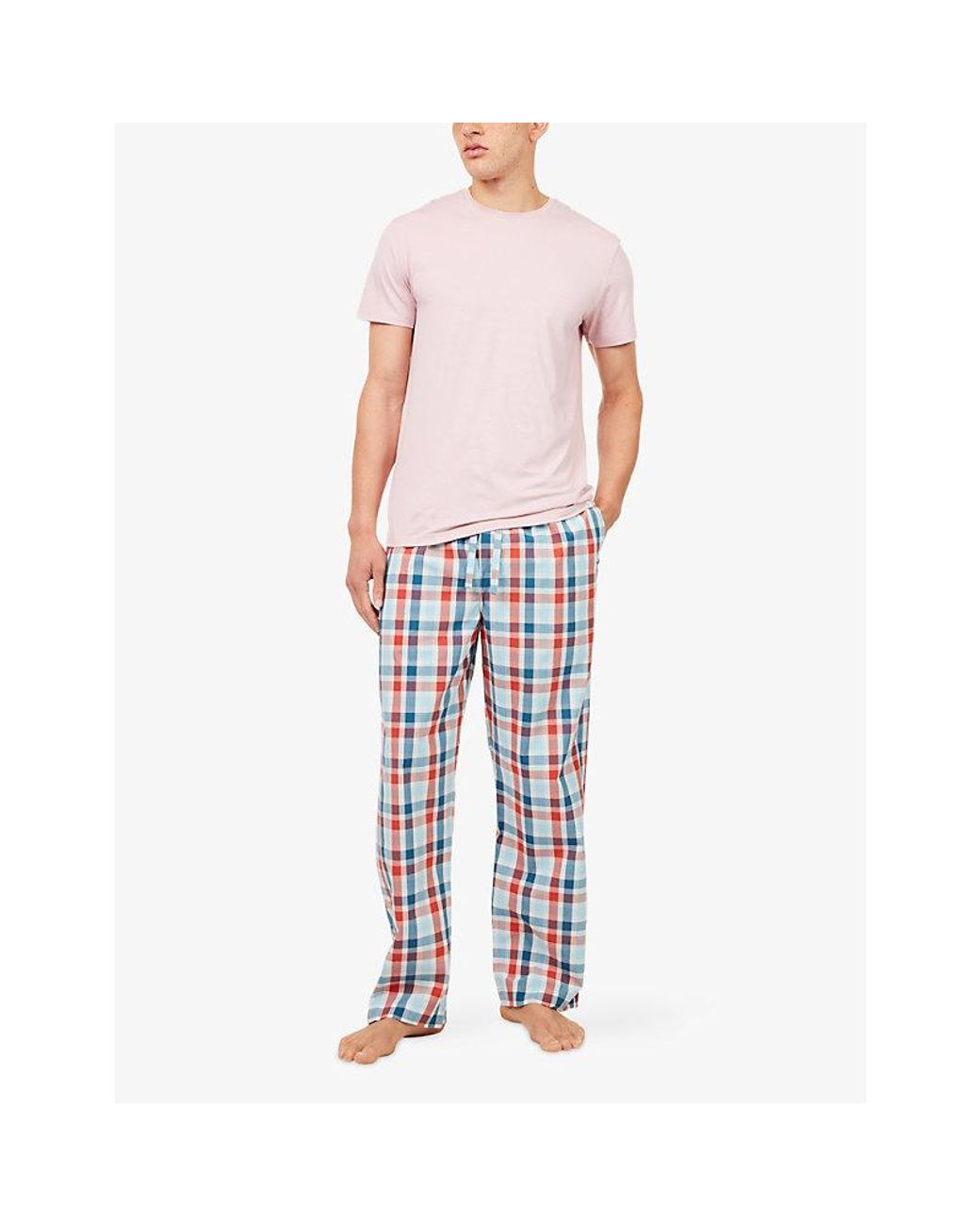 Derek Rose Blue Barker Check Cotton Lounge Trousers for men