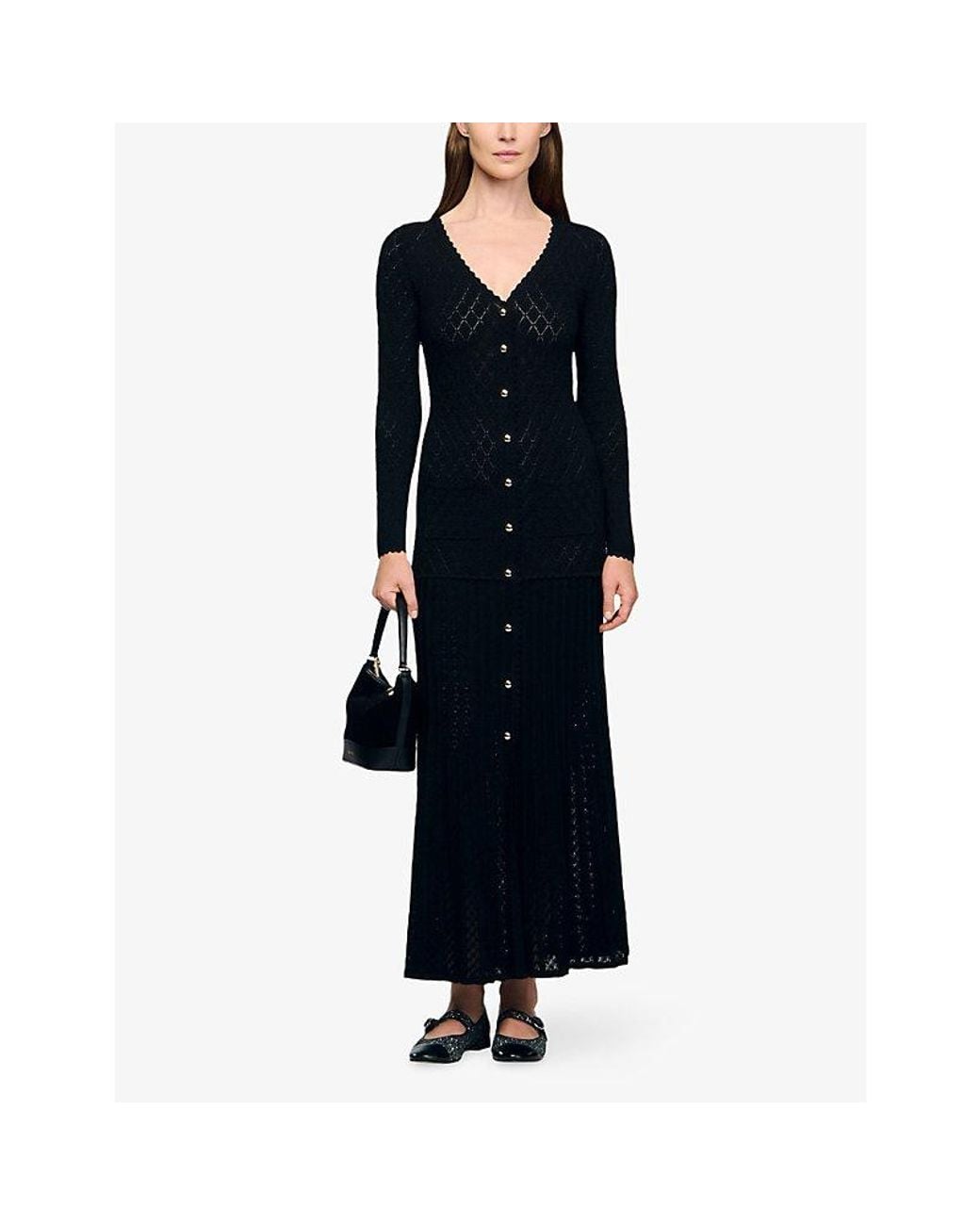Sandro Black Long-Sleeve Flared Open-Knit Maxi Dress