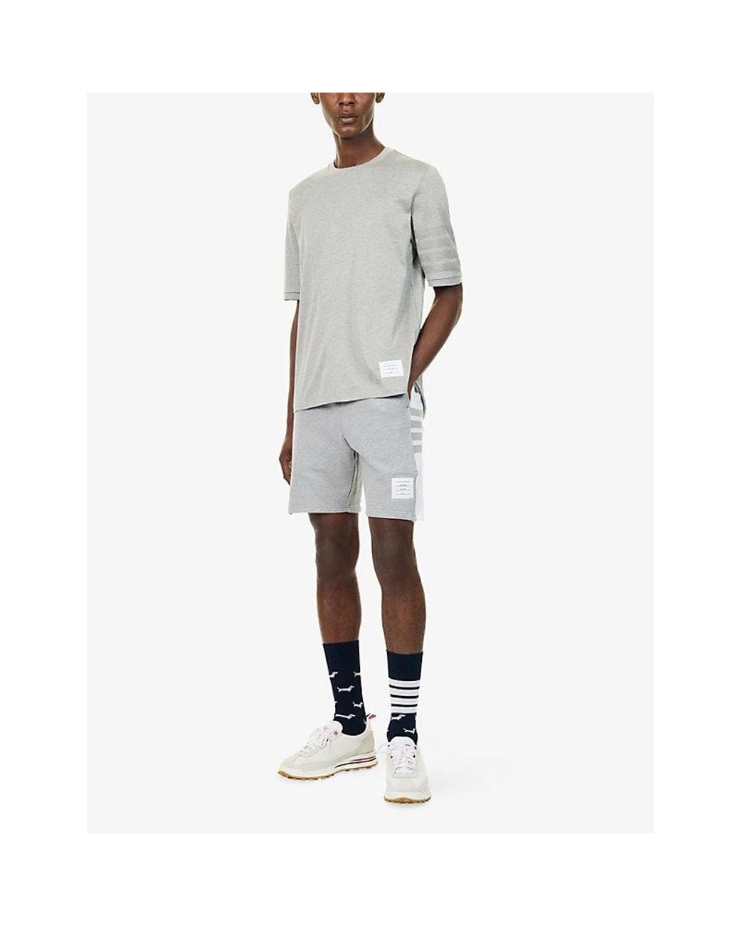 Thom Browne Gray Striped-Sleeve Brand-Patch Cotton Polo Shirt for men