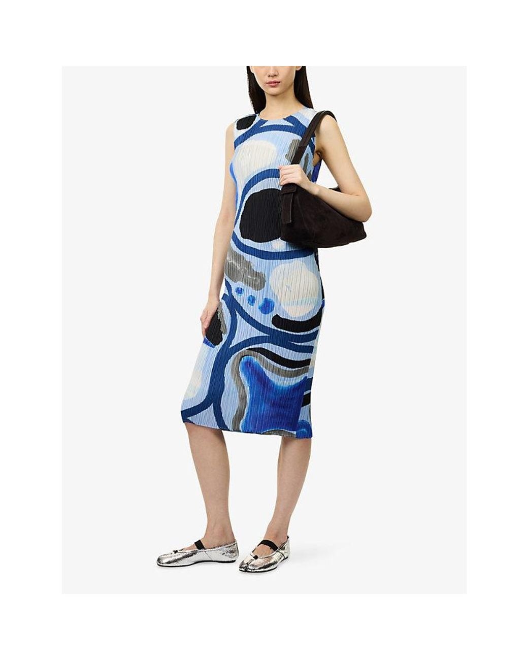 Pleats Please Issey Miyake Blue Roll Patterned Knitted Midi Dress
