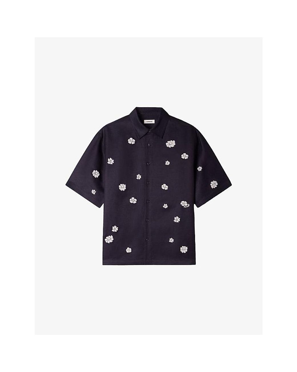 Sandro Blue Floral-Flocked Relaxed-Fit Woven Shirt for men