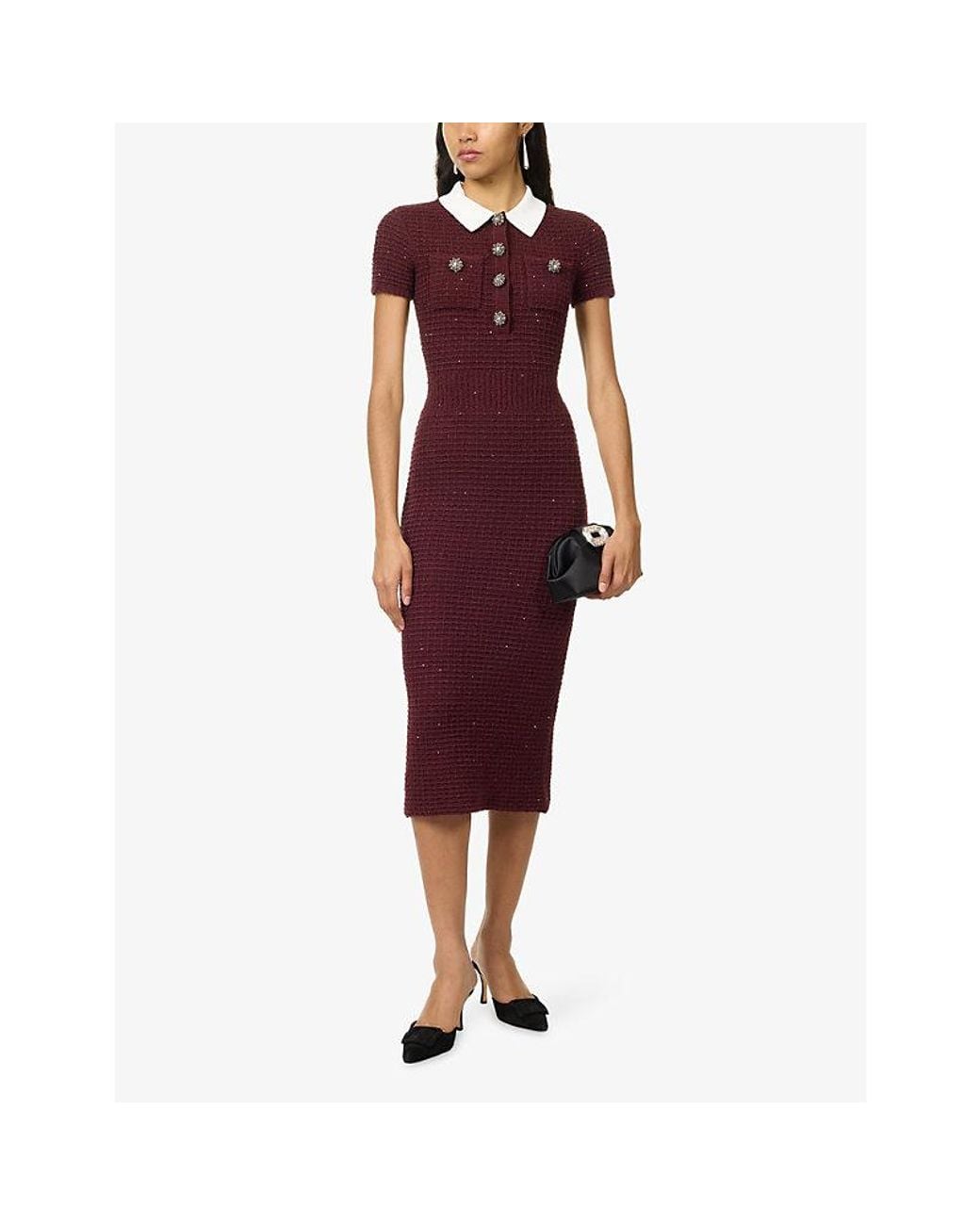 Self-Portrait Purple Polo-Collar Waffle Knit Midi Dress