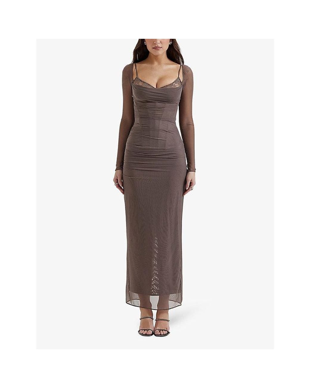House Of Cb Brown Katarina Corseted Stretch-Woven Maxi Dress