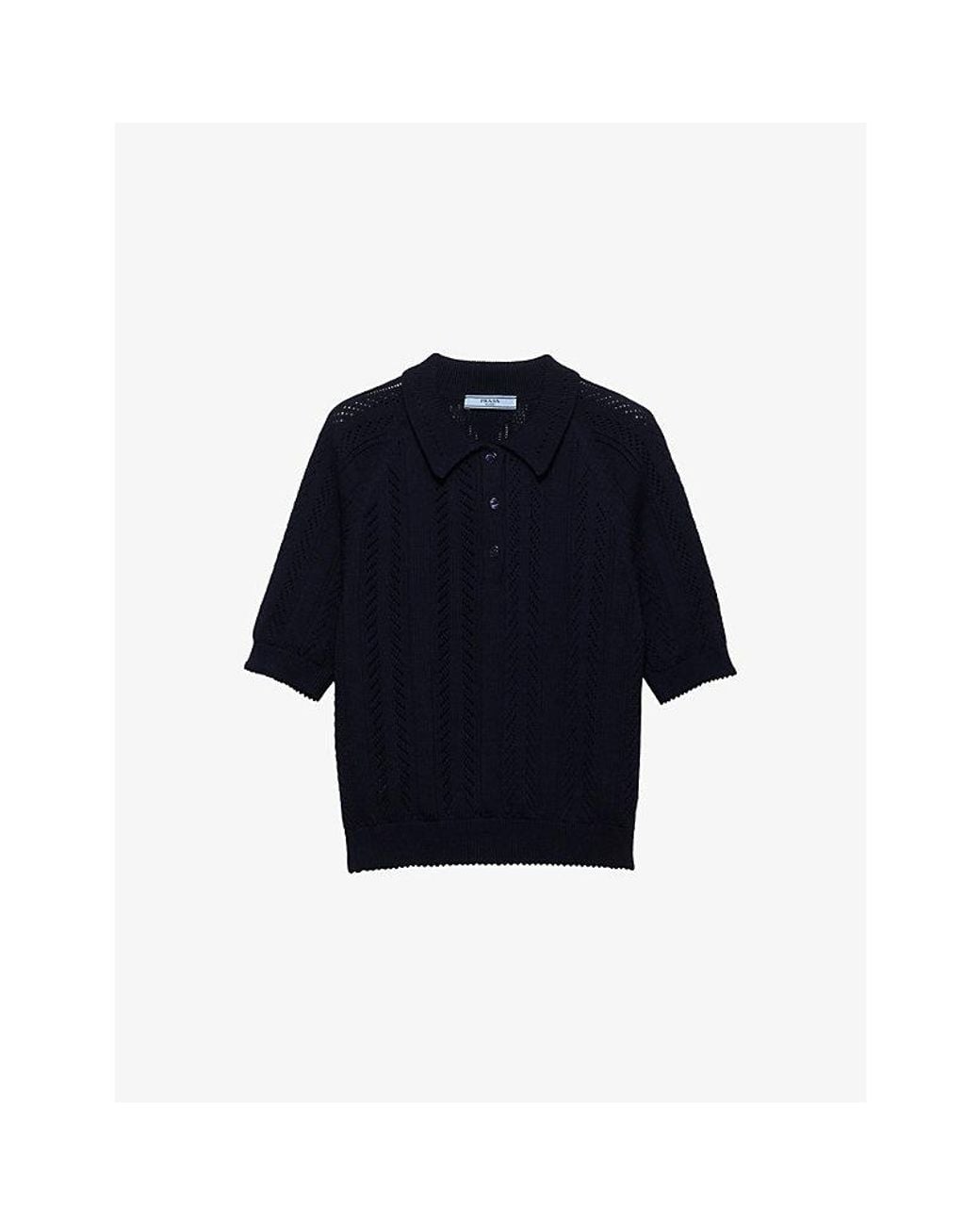 Prada Blue Short-Sleeve Openwork-Knit Cotton Polo Shirt