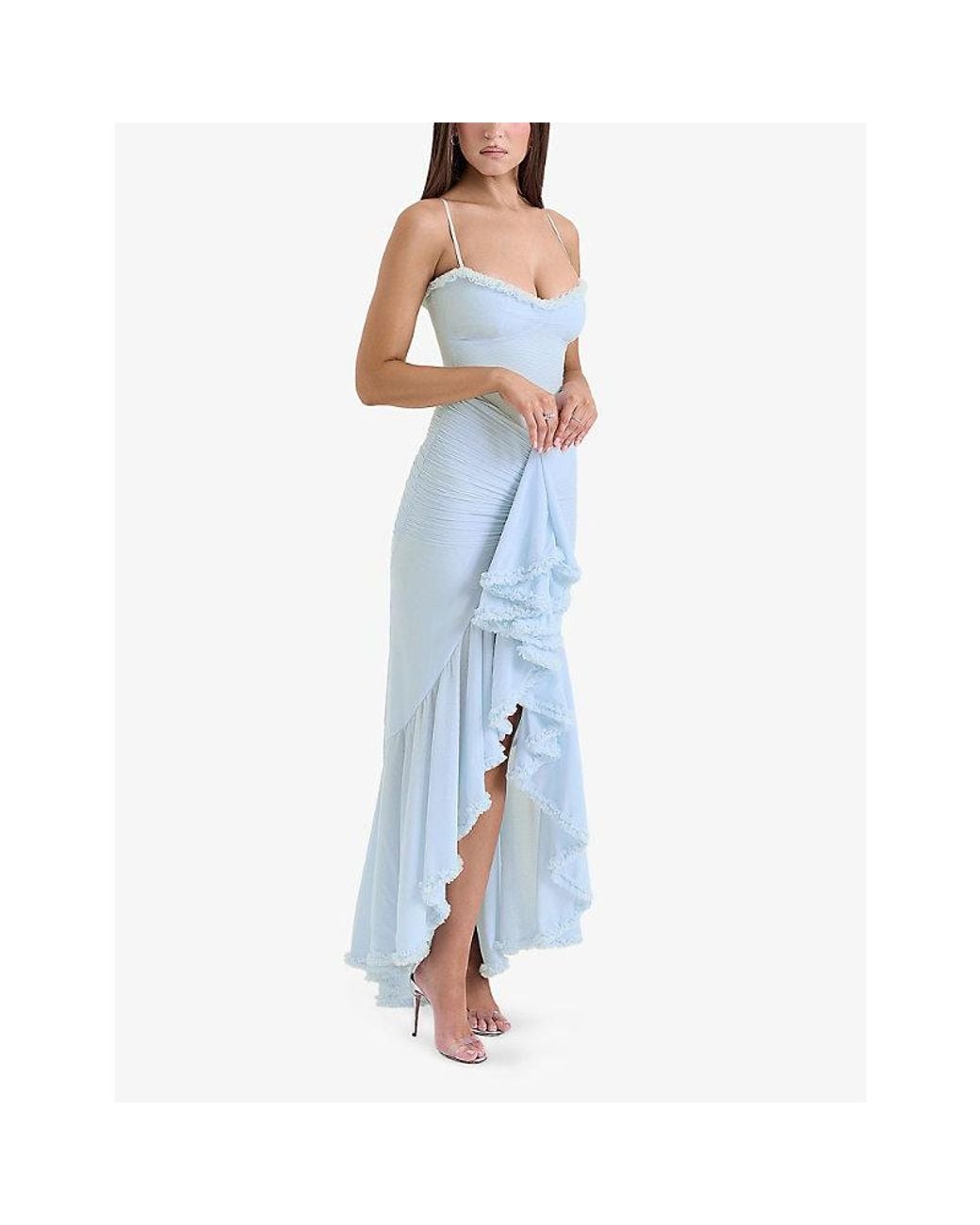 House Of Cb Gabbi Ruffled-Front Slim-Fit Stretch-Mesh Maxi Dress in Blue | Lyst House Of Cb Gabbi Ruffled-Front Slim-Fit Stretch-Mesh Maxi Dress in Blue | Lyst