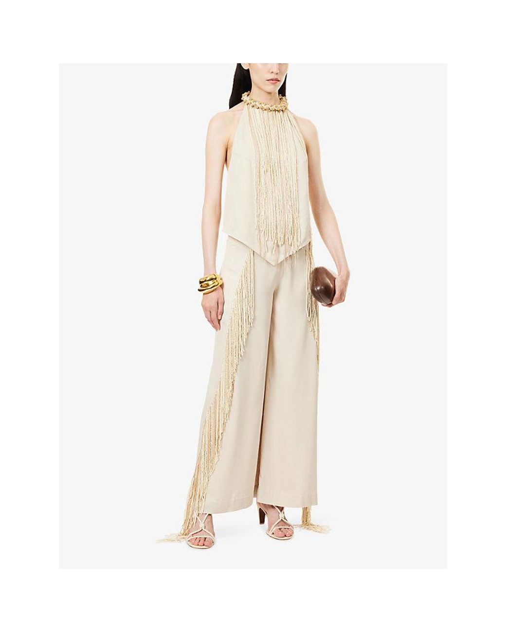 Rebirth White Fringed Bead-Embellished Woven Top