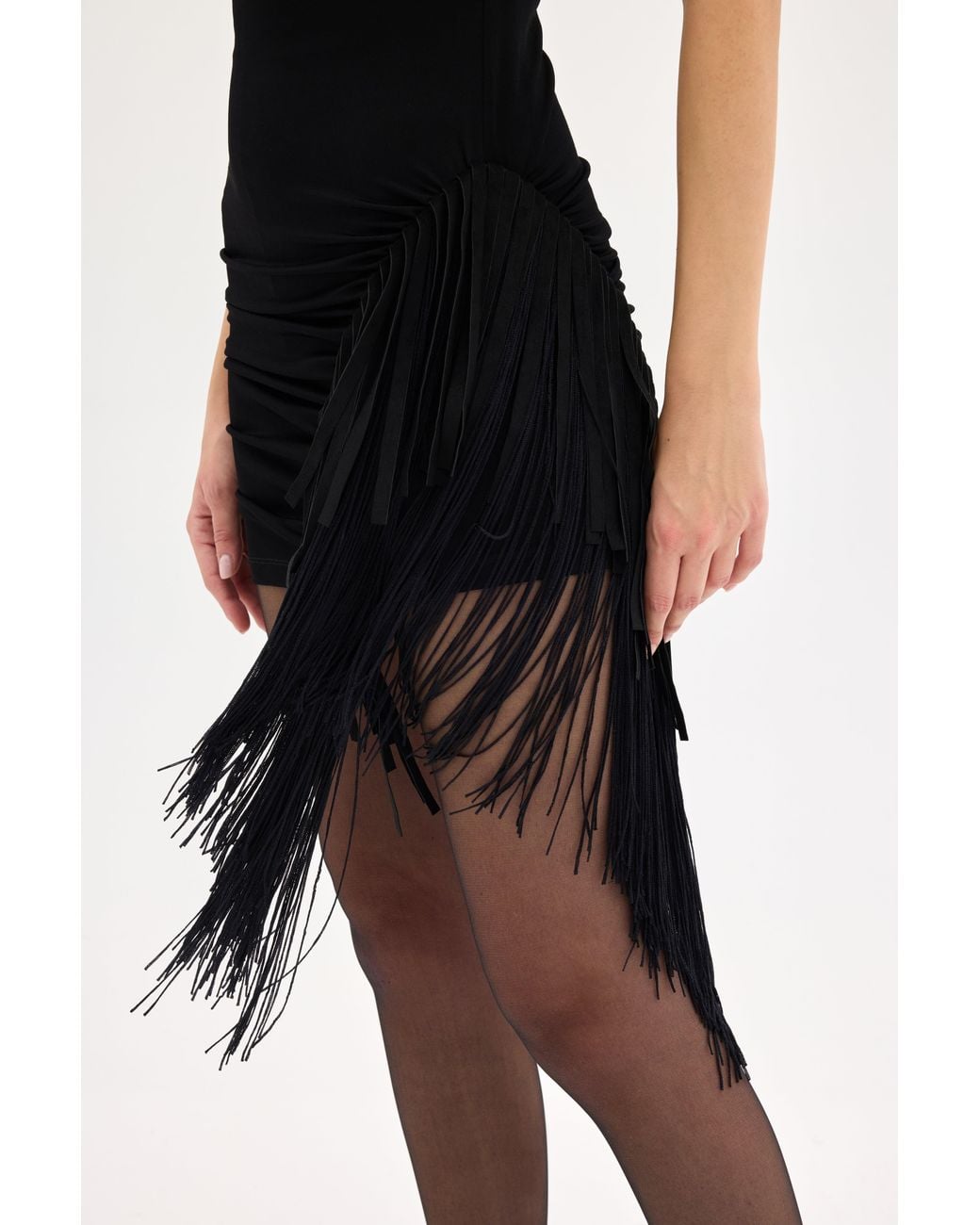 Sélone Studio Black Isadora Asymmetric Fringe Mini Dress