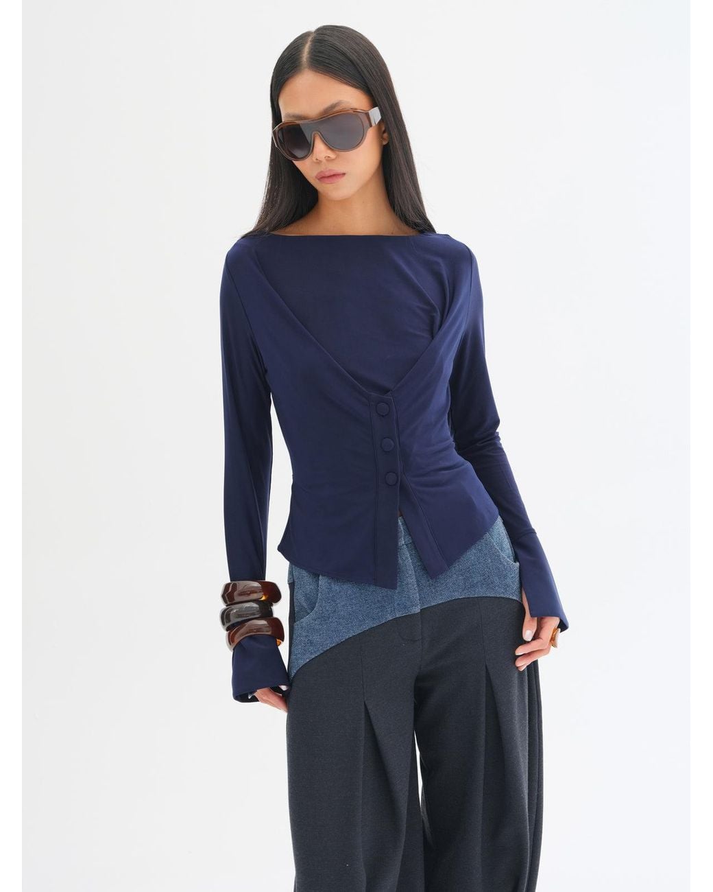 Sélone Studio Blue Sabine Button-Detail Top