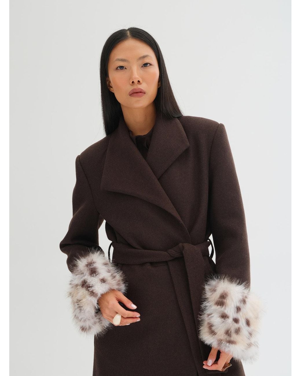 Sélone Studio Brown Lyra Fur Cuff Belted Wool Coat
