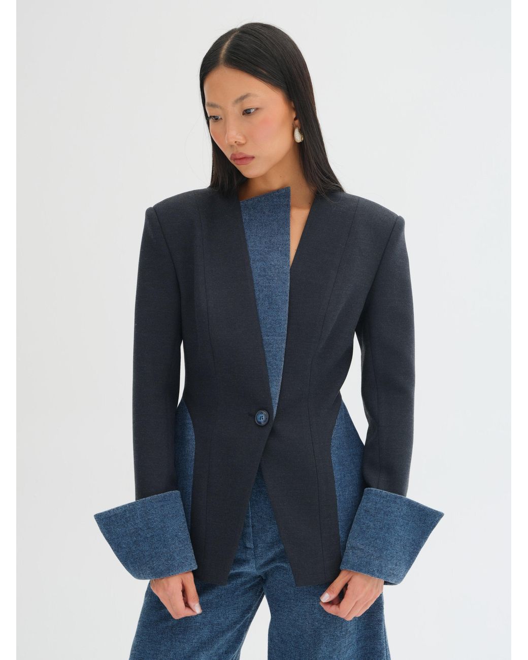 Sélone Studio Blue Nera Contrast-Panel Tailored Blazer
