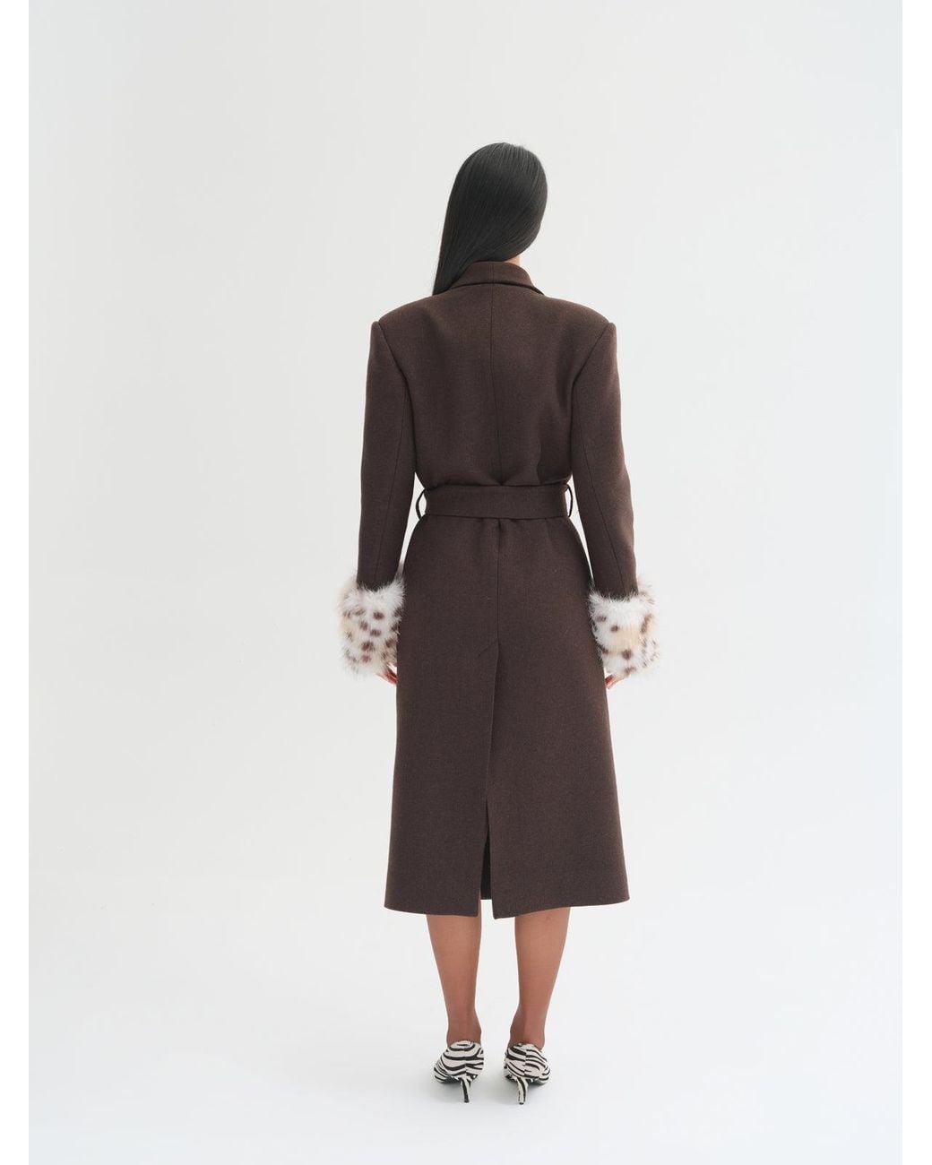 Sélone Studio Brown Lyra Fur Cuff Belted Wool Coat