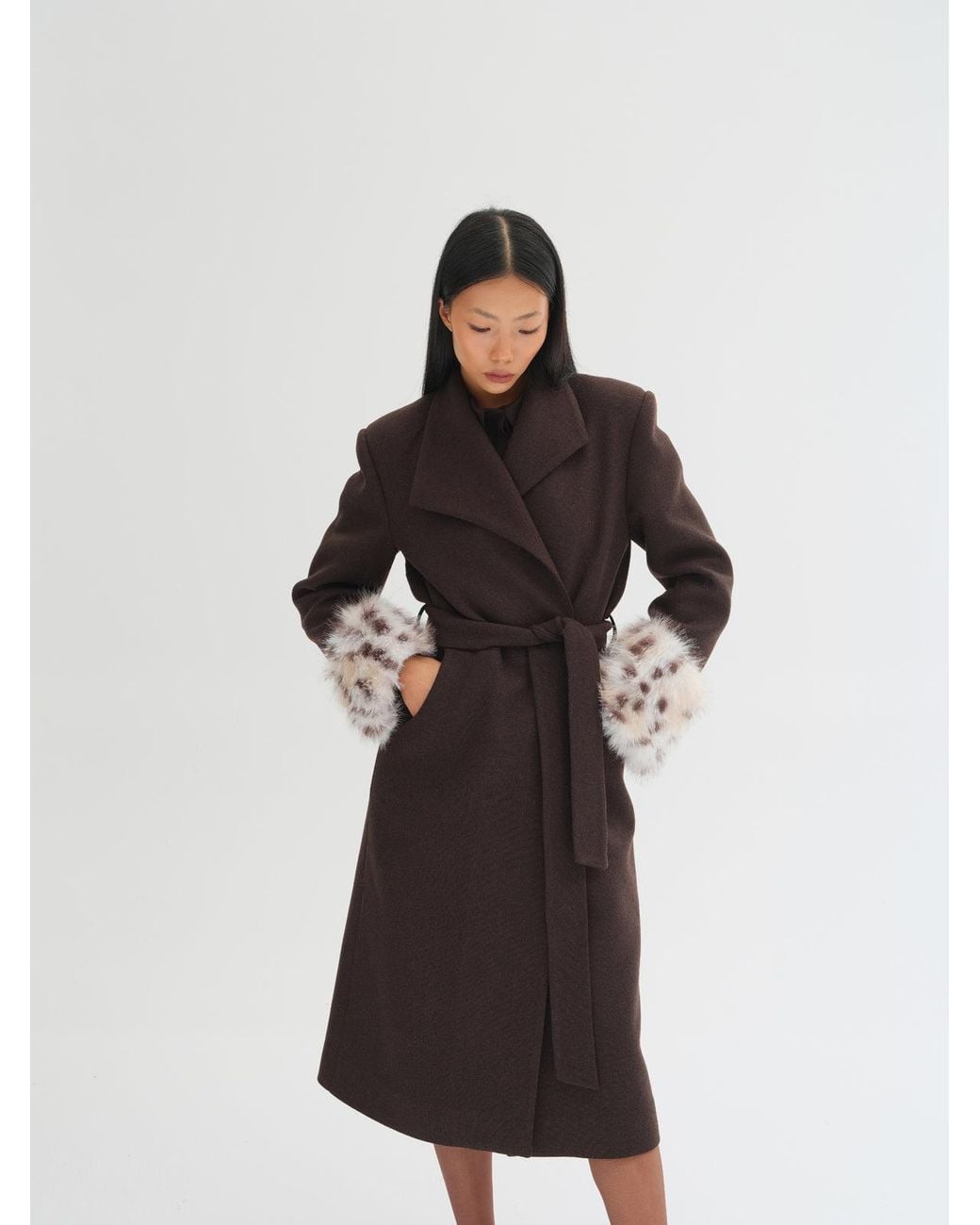 Sélone Studio Brown Lyra Fur Cuff Belted Wool Coat