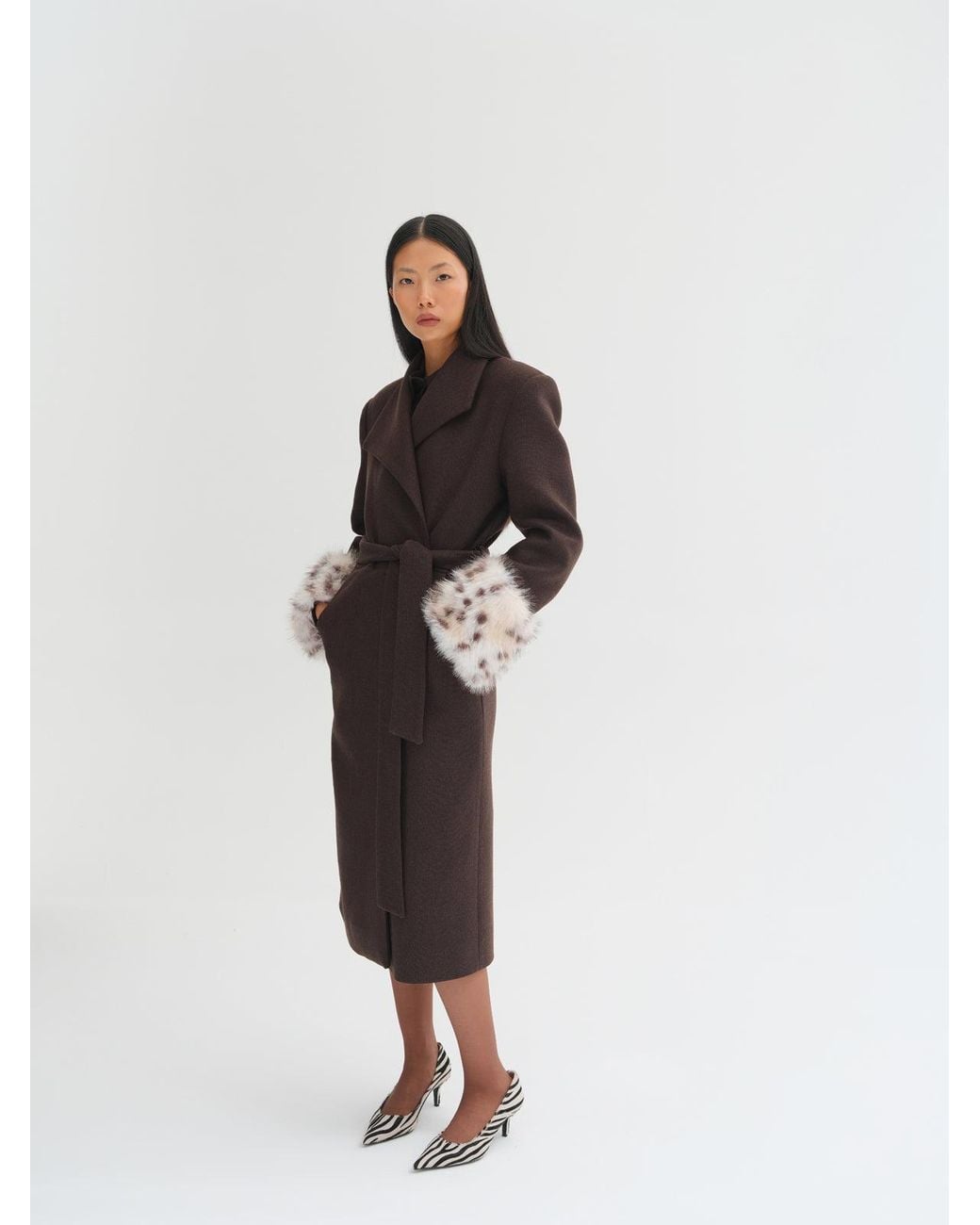 Sélone Studio Brown Lyra Fur Cuff Belted Wool Coat