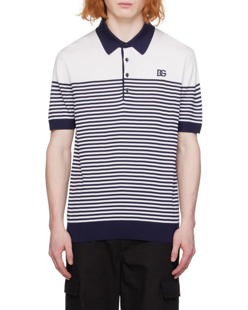 Dolce & Gabbana Black Dg Patch Striped Knitted Polo Shirt for men