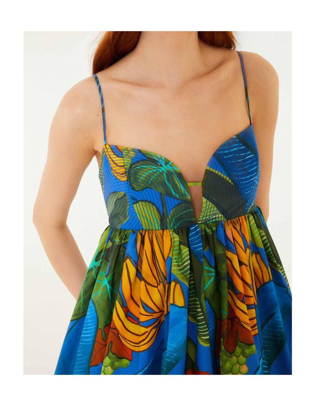 Farm Rio Blue Banana Grapes Printed Linen-Blend Mini Dress