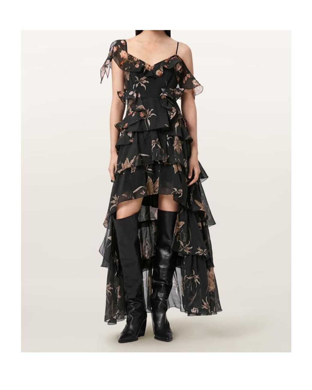AllSaints Black Sienna Ruffled Floral-Print Midi Dress
