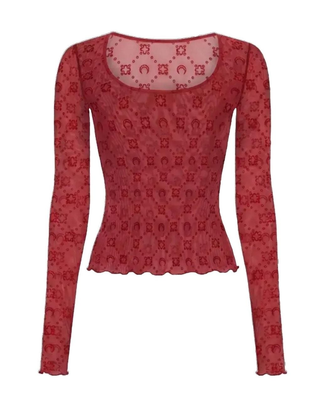 MARINE SERRE Red Moonogram Mesh Flock Long Sleeves Roundneck Top