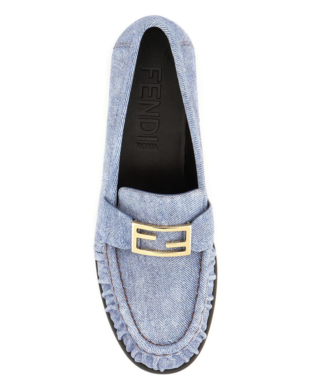 Fendi Blue Baguette Logo Plaque Gathered Loafers