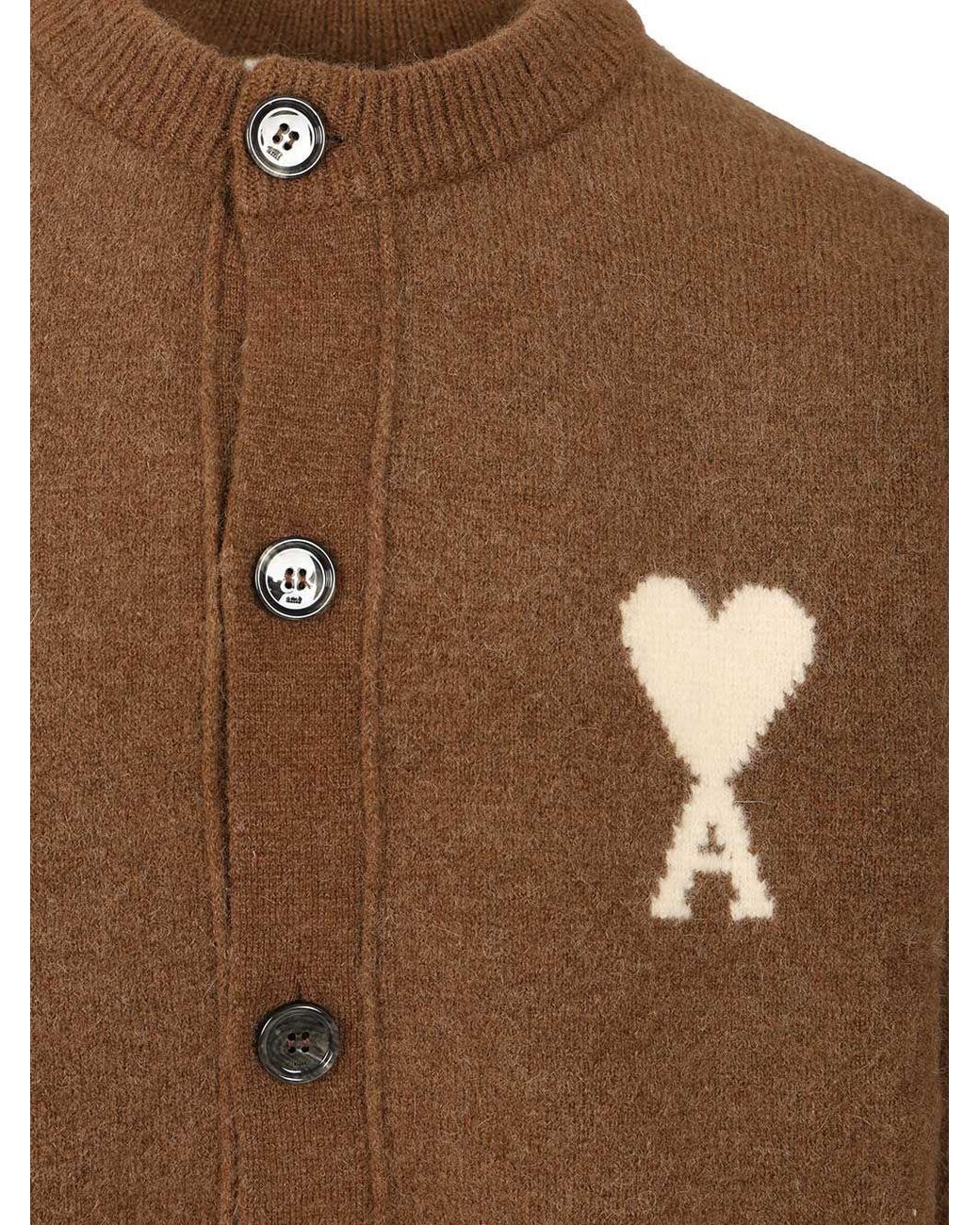 AMI Brown Logo Detailed Knitted Cardigan for men