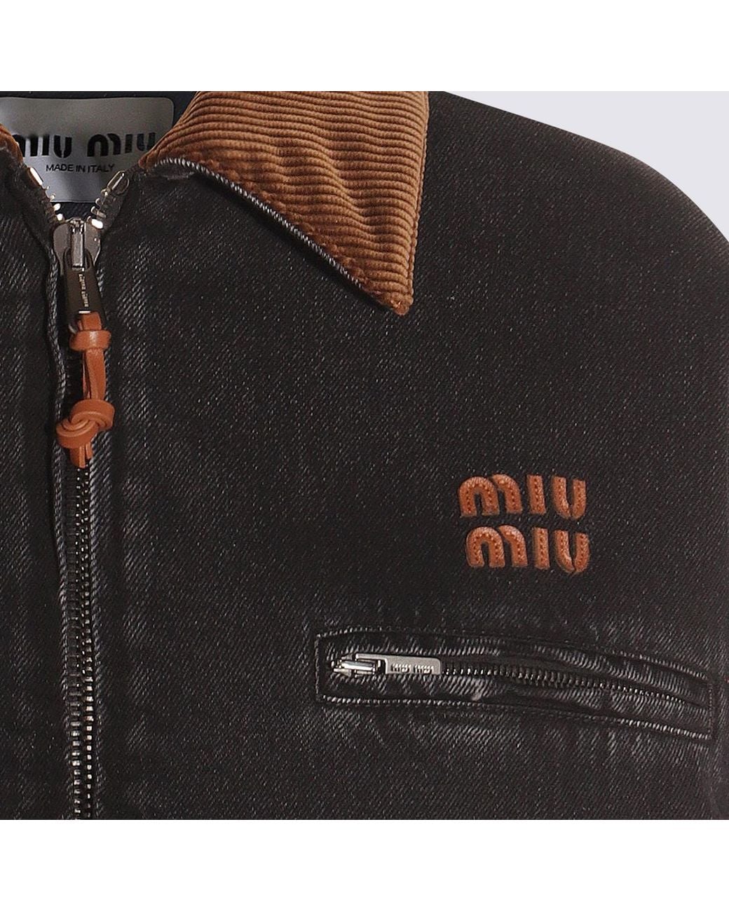 Miu Miu Black Logo-Patch Zipped Denim Padded Jacket