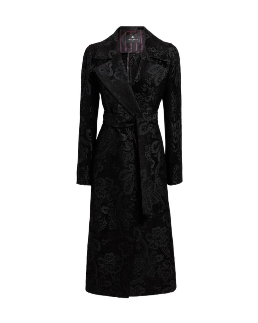 Etro Black Paisley-Jacquard Belted Coat