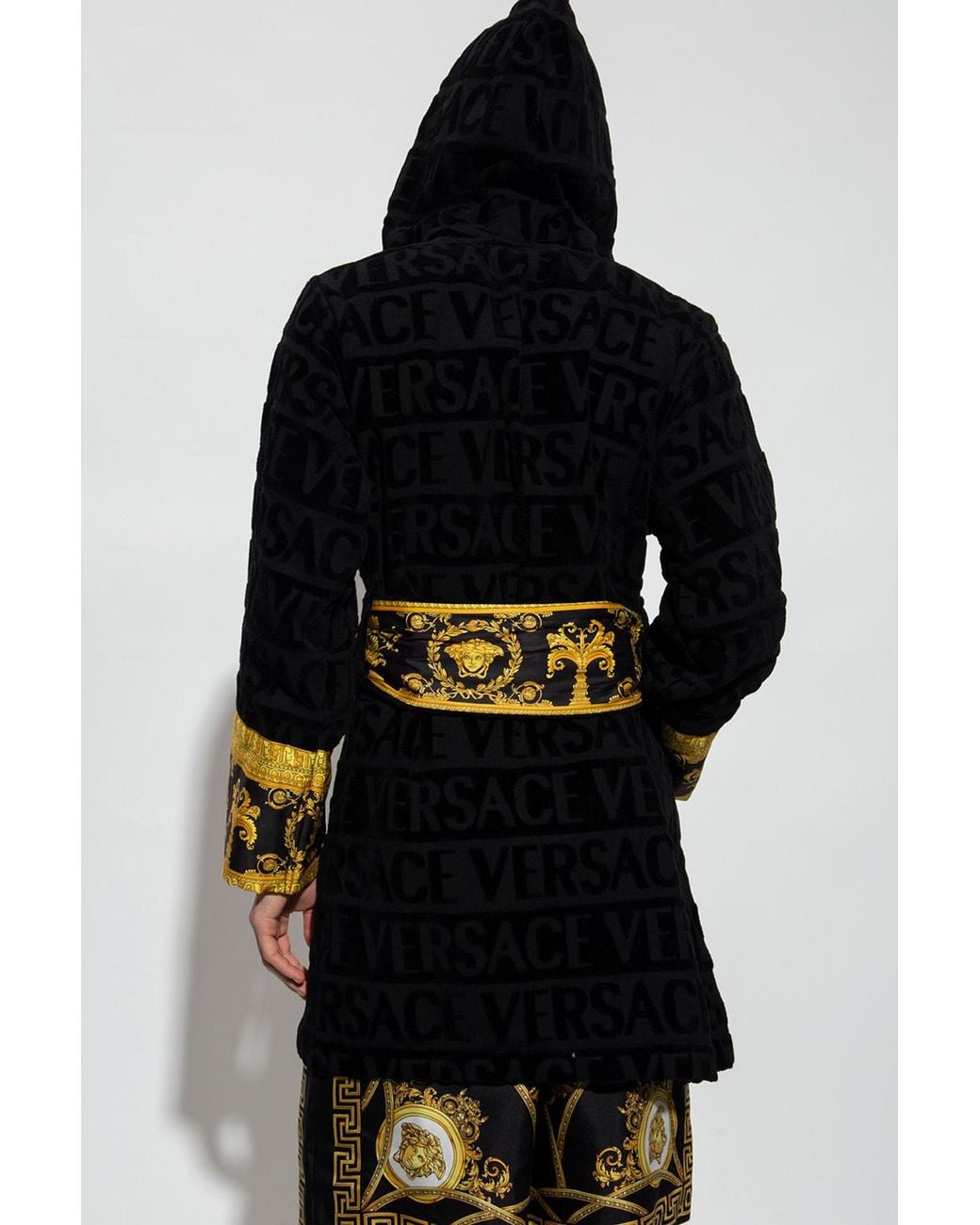 Versace Black Baroque Printed Belted Waist Robe for men