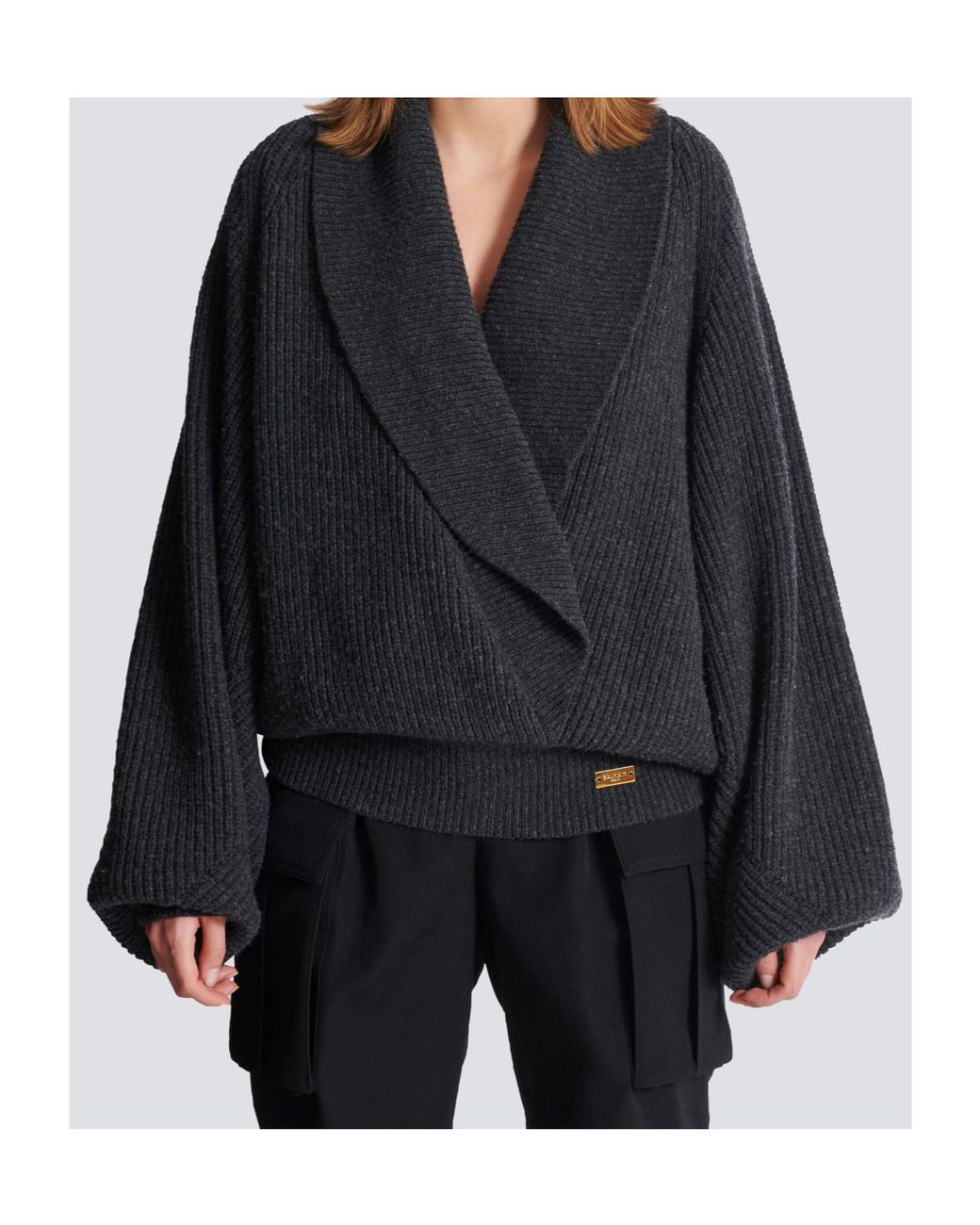 Balmain Black Batwing Open-Neck Ribbed Knit Sweater