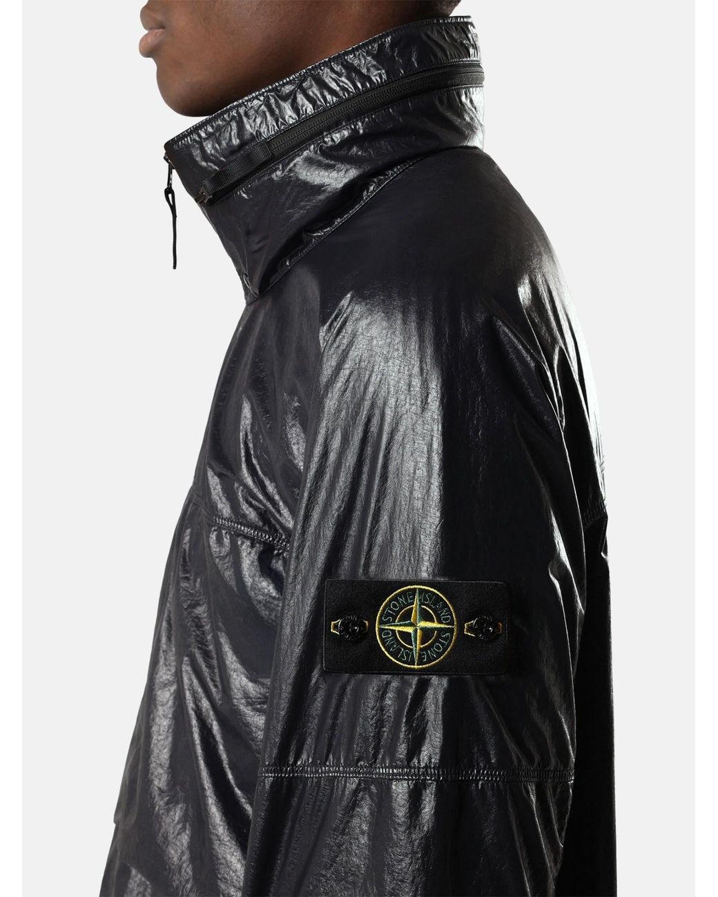 Stone Island Black Hooded Nylon Jacket Casual High Collar for men