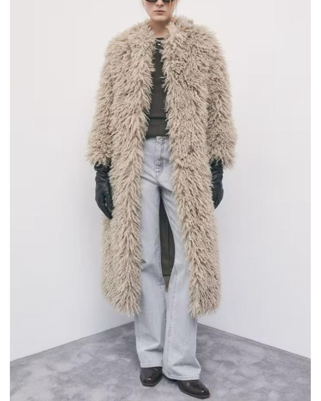 Patrizia Pepe Natural Shaggy Curly Faux Fur Stand-Collar Long Coat