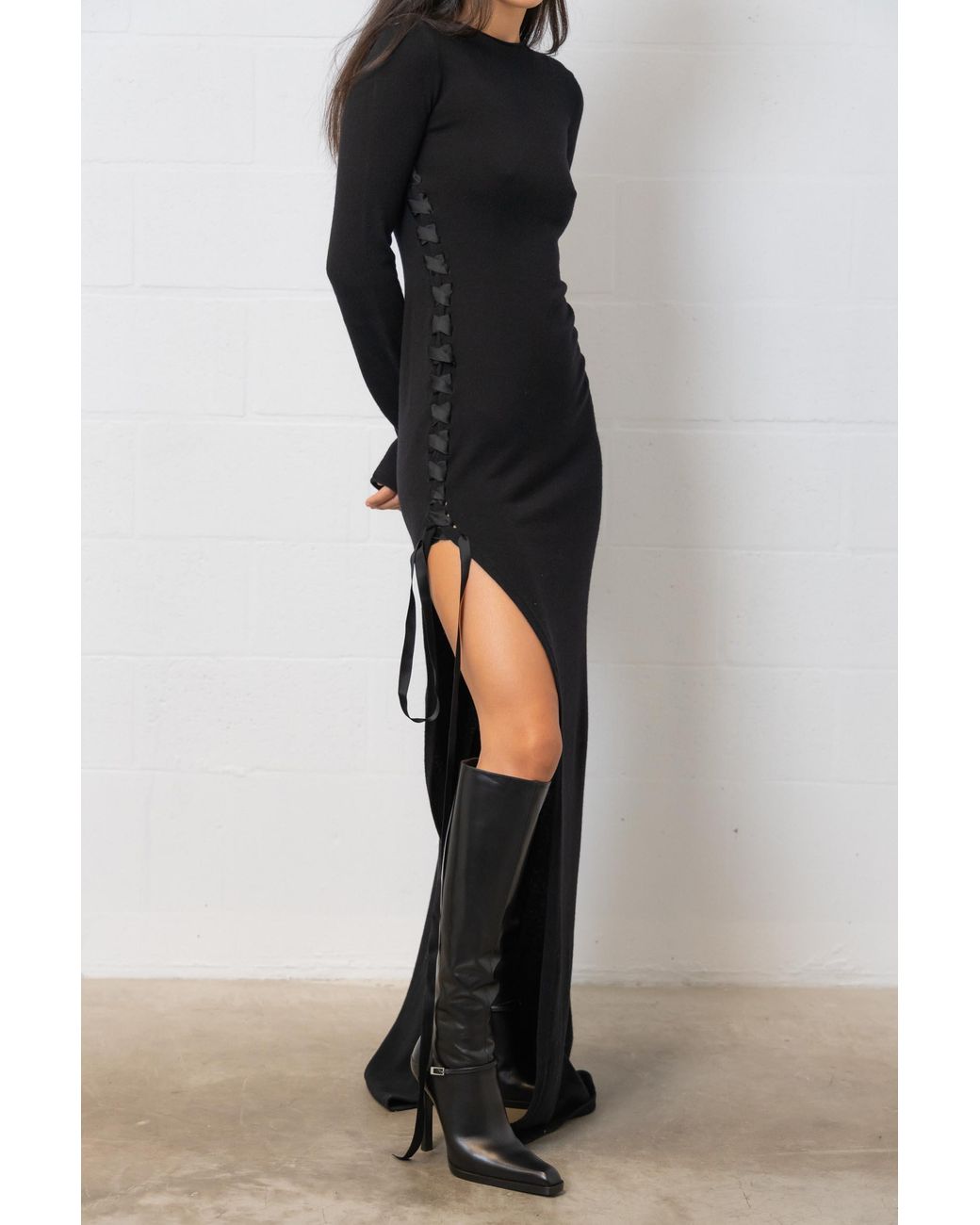 Saint Laurent Black Lace-Up Long-Sleeved Dress