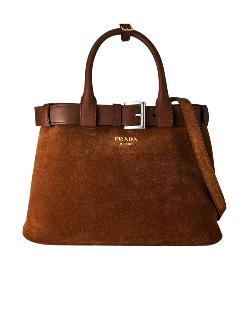 Prada Brown Medium Belt Buckle Suede Bag With Belt