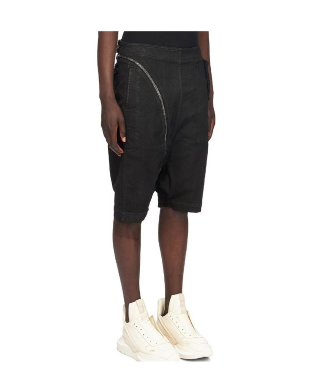 Rick Owens Black Old Made Diagonal Zipper Coated Denim Shorts for men